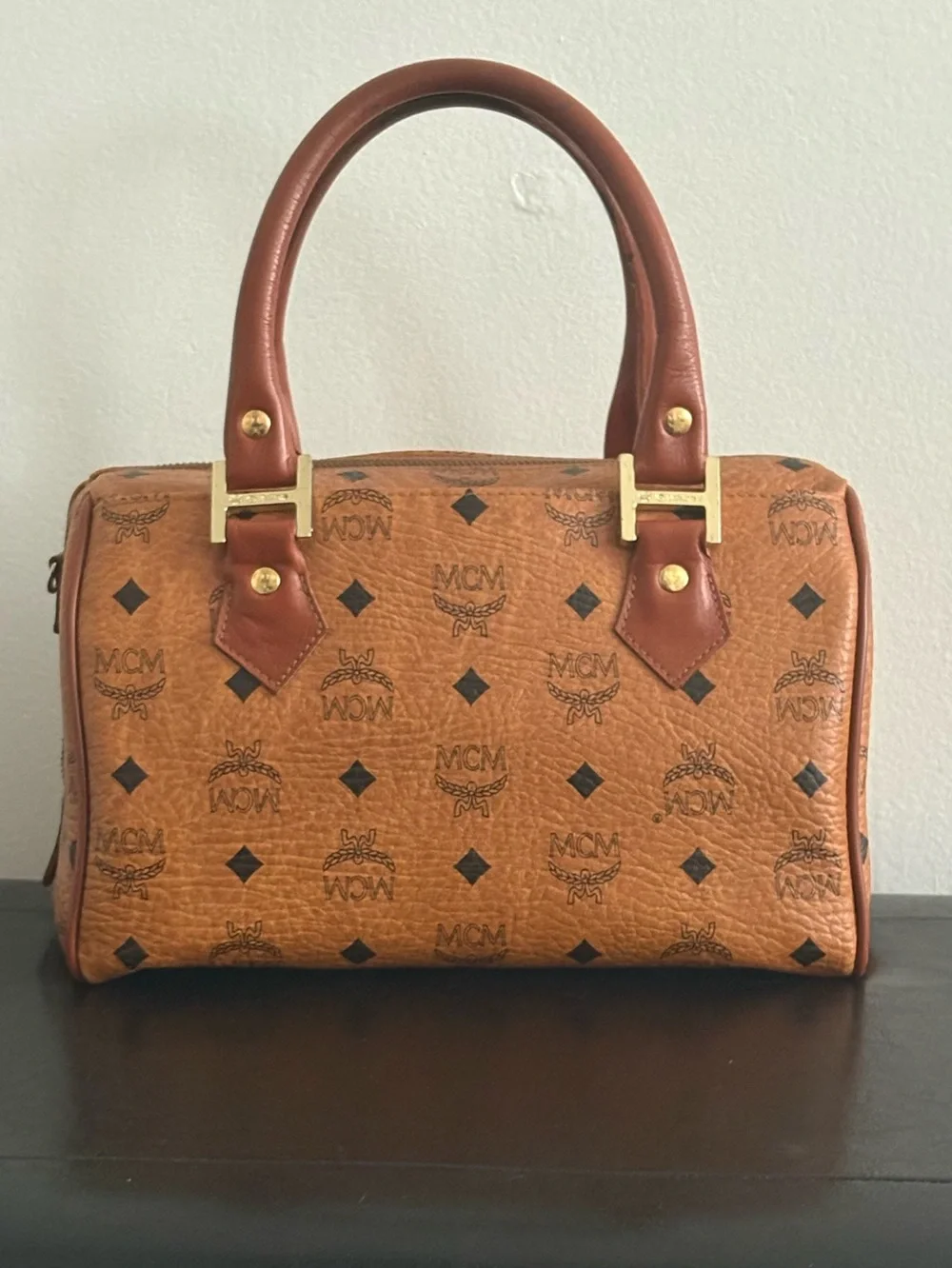 A vintage MCM Visetos Coated Canvas Heritage Boston Bag